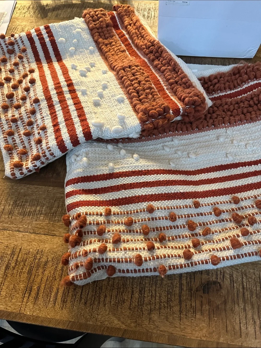Textured Pom-Pom Stripe 20x20 Hampton Bay pillow covers in Cream & Rust.
